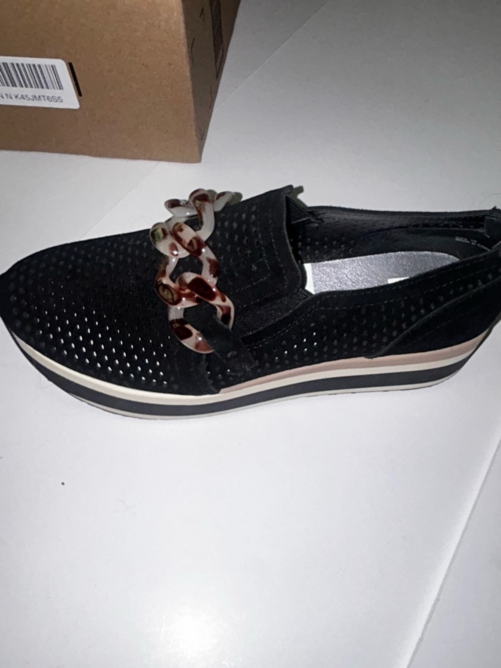 Dolce Vita Black Perforated Slip-On Loafers with Tortoiseshell Chain Accent - Picture 3 of 6